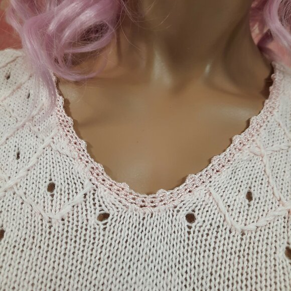 Vintage 80s Pastel Pink Sweater Beaded Floral Short Sleeve Cotton Ramie Size M - Picture 5 of 8